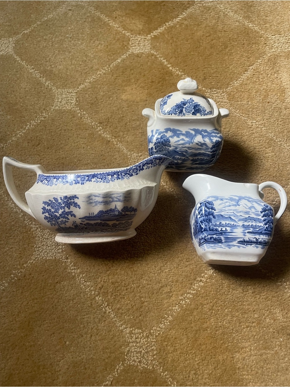 Blue and White Transferware Creamer, Sugar and Gravy Set